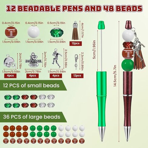 NEWEST 12 Pieces Sports Beadable Pens Plastic Baseball Bead Pens Included 48 Beads 12 Tassels 12 Pendants DIY Ball Beaded Pens Black Ink Bead Ballpoint Pen for Gifts School Office Supplies in Saudi Arabia