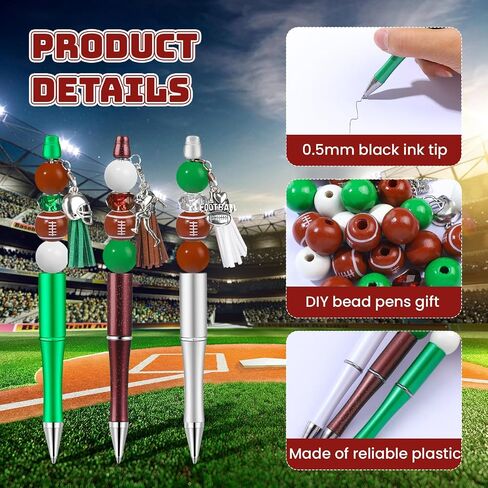 NEWEST 12 Pieces Sports Beadable Pens Plastic Baseball Bead Pens Included 48 Beads 12 Tassels 12 Pendants DIY Ball Beaded Pens Black Ink Bead Ballpoint Pen for Gifts School Office Supplies in Saudi Arabia
