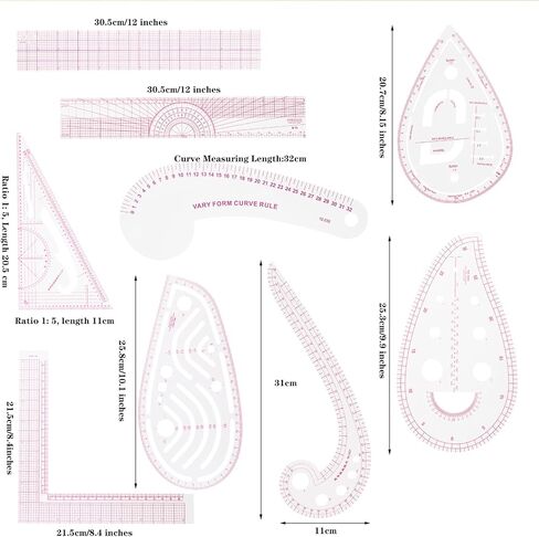 Acrylic Sewing Ruler Set，French Curve Pattern Rulers Kit for Tailors Designers Precision Pattern Making Guides Quilting and DIY Supplies (Ruler Set 4-15Pcs) in Kuwait