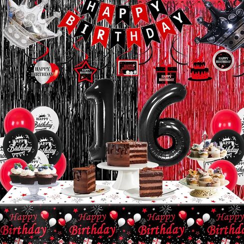 زخارف عيد الميلاد السادس عشر للبنين والبنات باللونين الأحمر الأسود ، الحلو 16 حفلات عيد الميلاد السادس السادس عشر لافتة رقم 16 بالون رقائق البالون البالون معلقة in Kuwait