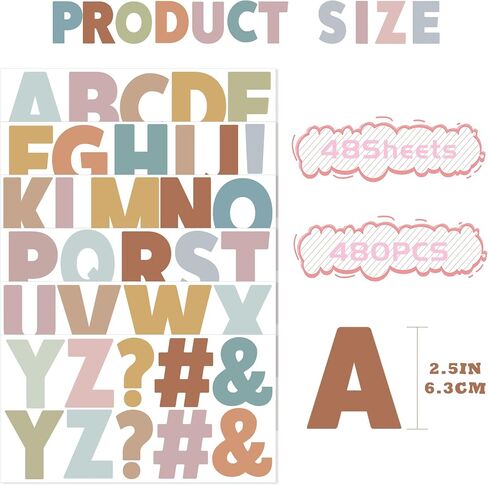 48 Sheets Bulletin Board Stickers - 2.5 Inch Large Vinyl Letter Alphabet Stickers - Self Adhesive ABC Letters for Poster Board, Mailbox, Crafts, Classroom, Window, Door Decorations (Colorful) in Saudi Arabia