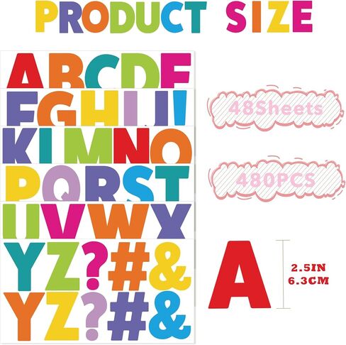 48 Sheets Bulletin Board Stickers - 2.5 Inch Large Vinyl Letter Alphabet Stickers - Self Adhesive ABC Letters for Poster Board, Mailbox, Crafts, Classroom, Window, Door Decorations (Colorful) in Saudi Arabia