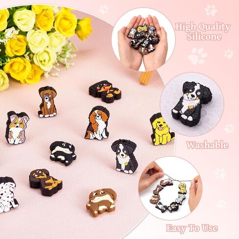 12Pcs Cute Dog Silicone Beads for Beadable Pens, Puppy Dog Silicone Focal Beads for Keychain Making, Pet Dog Animal Rubber Spacer Character Beads for DIY Bracelet Lanyard Hang Ornament in Kuwait
