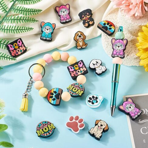 12Pcs Cute Dog Silicone Beads for Beadable Pens, Puppy Dog Silicone Focal Beads for Keychain Making, Pet Dog Animal Rubber Spacer Character Beads for DIY Bracelet Lanyard Hang Ornament in Kuwait