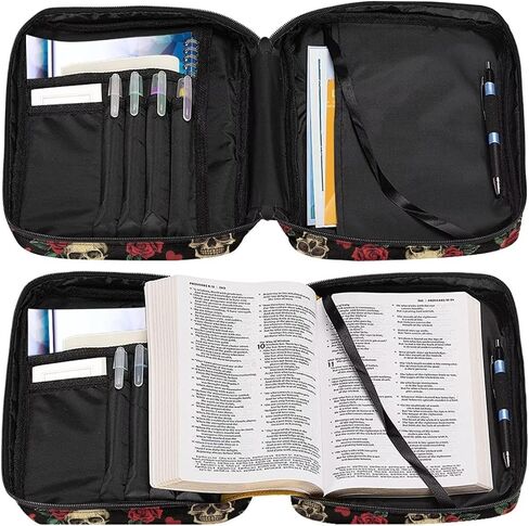 Rose Skull Bible Cover Case for Women Men Church Study Book Carrying Bag Bible Protective Case with Handle, Zipper Pocket, Shoulder Strap in Saudi Arabia
