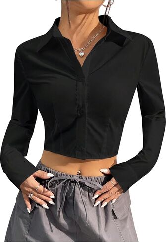 قميص نسائي من SweatyRocks بأزرار قصيرة وياقة وأكمام طويلة وبلوزات علوية in Kuwait
