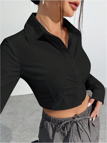 قميص نسائي من SweatyRocks بأزرار قصيرة وياقة وأكمام طويلة وبلوزات علوية in Kuwait