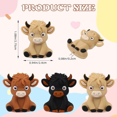 12Pcs 3D Silicone Beads Bulk Silicone Beads Animal Silicone Beads Silicone Pen Beads for DIY Keychain Beaded Pen Jewelry Making(Highland Cattle) in Saudi Arabia