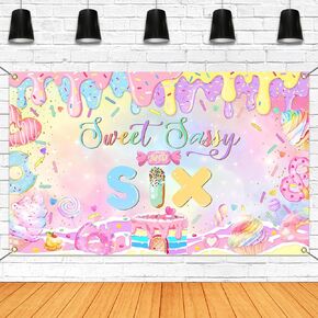 Mocsicka Donut 6th Birthday Banner Backdrop Sweet Sassy and Six Birthday Decorations Banner for Girls Sixth Birthday Party Banner for Phogography (Pink, 70.8x43.3 inch)