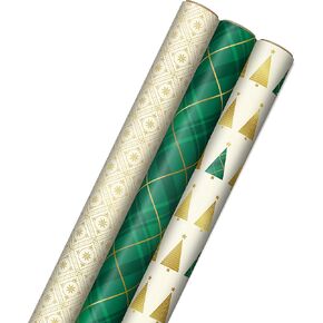 Hallmark Holiday Plaid Wrapping Paper with Cutlines and Optional DIY Bow Templates on Reverse (3-Pack: 120 Sq. Ft. Ttl) Red Toile, Black Buffalo Check, Plaid for Christmas, Birthdays, Weddings, Crafts