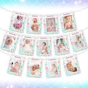 Under the Sea 1st Birthday Decorations for Girls, Ocean Themed Monthly Photo Banner for Newborn to 12 Months, Sea Animal Marine Creature Theme First Birthday Party Supplies