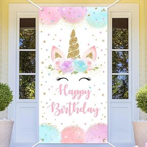 Avezano Unicorn Happy Birthday Banner Watercolor Rainbow Unicorn Birthday Door Banner Glitter Unicorn Decorations for Girls Birthday Party