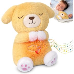Breathing Stuffed Animal, 10in White Easter Bunny Plush Stuffed with Soothing Sound Music Lighting, Huggable Sleeping Rabbit Pillow Easter Gift for Kids, Baby, Boys & Girls