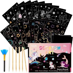 Wernnsai Scratch Art Kit for Kids - 30 PCS Magic Scratch Off Paper for Boys Dinosaur Space موضوعات الفن اللوازم الرسم الملونة مع حرفة معدة خشبية للأطفال هدية عيد الميلاد