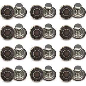 12 Sets of Vintage Adjustable Jean Button Pins 3/4 Inches No Sew Instant Button for Loose Jeans Replacement with Assorted Rivet Pins to Tighten and Make Smaller