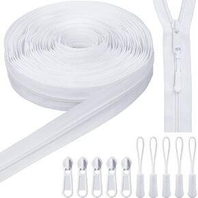 Juexica 10 Yards #5 White Nylon Coil Zippers with 30 Pieces Sliders 30 Zipper Pulls for Replacement Sewing DIY Sewing Tailor Craft Bag Garment Home Textile