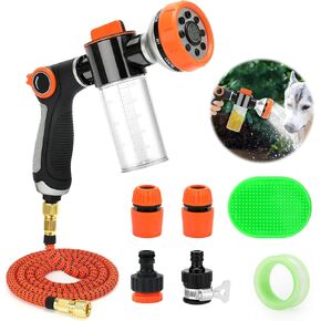 Rypet Dog Wash 7 Pieces Pet Bathing Tool Set Includes Expandable Hose Nozzle Foam Sprayer Connector Dog Rubber Brush for Bathing Pets, Washing Cars and Watering Plants