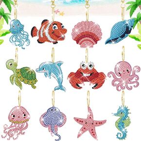 TSJ 12 Pack Diamond Painting Keychain DIY Double Side Diamond Art Kits for Kids Adults Ocean Animals 5D Diamond Key Ring DIY Diamond Ornaments