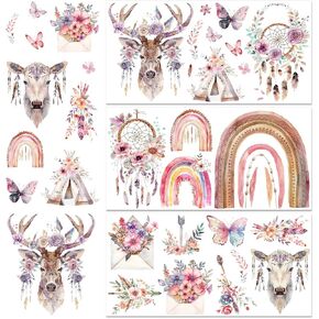 3 Sheet Boho Vintage Rub on Transfers for Furniture Crafts Retro Colorful Flower Rainbow Butterfly Deer Stickers for Wood Fabric Furniture Decals for Home Office Garden 11.8 Inch* 5.9 Inch