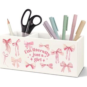 SNNDER Pink Coquette Bow Preppy Pen Holder, Preppy Desk Decor, I'm Literally Just a Girl Pink Girly Acrylic Pen Pencil Holder Organizer for Home Girls Room Dorm Office Desk Accessories