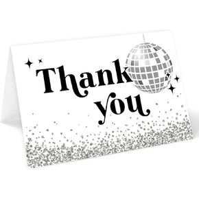Whaline 24 Pack Disco Thank You Cards Silver Disco Ball Note Cards with Envelopes Stickers 70s Groovy Greeting Blank Cards for Disco Party Birthday Baby Shower