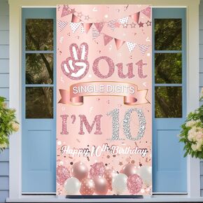 Out Single Digits I'm 10 Door Banner Rose Gold Happy 10th Birthday Party Sign for Girls Ten Years Old Birthday Party Decoration Supplies 10th Birthday Party Poster Background Photo Booth Props