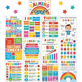19 PCS Colorful Calming Corner Classroom Posters Calm Down Corner Emotion Posters Feeling Management Educational Mental Health Posters Back to School Wall Art Bulletin Board Decor for School Office