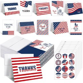 100 Sets Patriotic Greeting Cards with Envelopes Stickers American Flag Patriotic Thank You Cards for Military Veteran July 4th Memorial Day (Bright Flag)