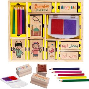 Ramadan & Eid Wooden Stamp Set – Card Making, Gifting, Ramadan Activity & Eid Gift. Laser-Cut Stamps with Washable Ink Keep Kids Engaged. 15-Piece Set for Fun Group Activities During Fasting