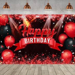 Red and Black Birthday Banner Backdrop Balloon Glitter Sign Photo Background Party Decorations for Girls Boys Women Men Anniversary