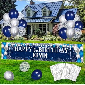 Large Blue Birthday Decorations Banner with Personalized Letter Stickers and Balloons DIY Navy Blue Silver Happy Birthday Yard Banner Custom Birthday Sign for Men Women Birthday Party Supplies Outdoor