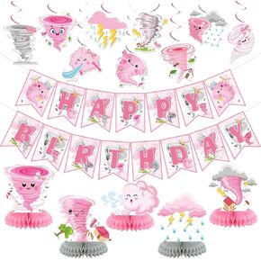 Tornado Birthday Party Decorations, Tornado Party Decorations Includes Happy Birthday Banner Tornado Hanging Swirls Tornado Honeycomb Centerpiece Tornado Birthday Party Supplies(Pink) (Pink)