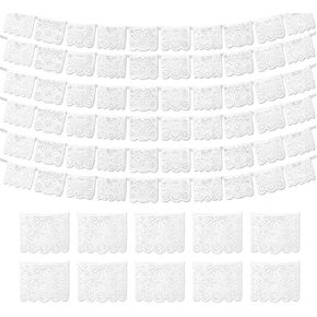 60 PCS 96Ft White Papel Picado Banner(6 Packs with 10 White Plastic Flags Per Banner), White Mexican Banner for Mexico Party Decorations and Weddings.