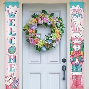 Deroro Happy Easter Bunny Rabbit Christian Porch Banner Sign, Religious He is Risen Cross Blue Front Door Decorative Hanging Welcome Banner Flag, Spring Lily Flower Egg Decoration Home Outdoor Decor