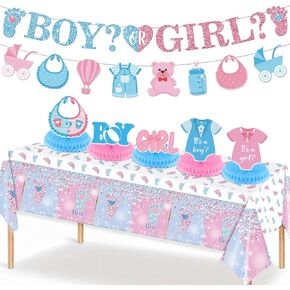 8pcs Gender Reveal Party Decorations Pink and Blue Boy or Girl Banner Baby Gender Reveal Table Honeycomb Centerpieces Decorations Tablecloth Boy or Girl Gender Reveal Party Supplies Baby Shower Decor