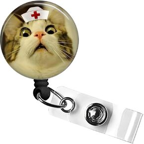 Funny Animal Cat Badge Reel Retractable Holder with ID Alligator Clip for Nurse Name Tag Card Cute Medical Assistant Office Nursing Student Work Hospital Gift