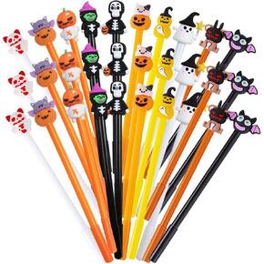 30 Pcs Halloween Pens, Pumpkin Skull Heads Ghost Bat Shape Pens,0.5 MM Bulk Black Rollerball Pen for Halloween Party Supplies School Office (10style)