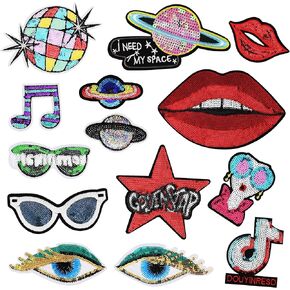 14Pcs Assorted Sequin Styles Patches,Embroidered Iron-on Patches Applique,Sew On Patch Applique for Clothes,Hat,DIY Crafts