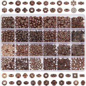 PH PandaHall 1200pcs 24 Styles Metal Spacer Beads Red Copper Spacer Beads, Tibetan Flat Alloy Bead Spacers Antique Loose Beads Craft Beads for Bracelet Necklace Earring Jewelry Supplies