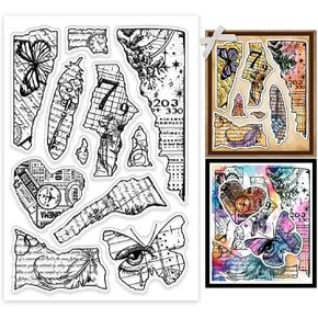 GLOBLELAND Torn Paper Background Clear Stamps Vintage Ticket Plants Texture Silicone Clear Stamp Seals Transparent Stamps for DIY Scrapbooking Cards Making Photo Album Journal