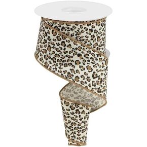 Mini Leopard Print Wired Ribbon for Cheetah Animal Themed Bows, Crafts, Wreaths, Gift Wrap, and Decorations (Cream, Black, Brown, 2.5" x 10 Yards)