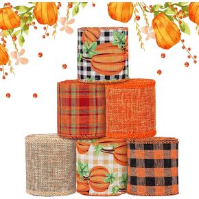 6 Rolls 30 Yards Fall Burlap Ribbon, 2.5″W Buffalo Plaid Wired Edge Ribbon with Pumpkin Pattern Thanksgiving Theme Craft Ribbon Rustic Autumn Harvest Ribbon for Wrapping Gifts Making Wreath Bow