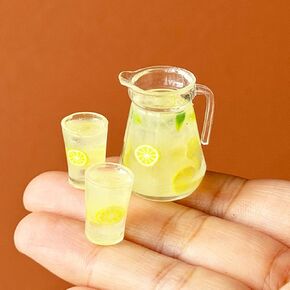 3pcs Miniature Lemonade Pitcher Set, Dollhouse Glasses Bottle Lemonade, Mini Lemon Fruit Ice Tea, for Dollhouse Miniature Kitchen, Fairy Garden, Diorama