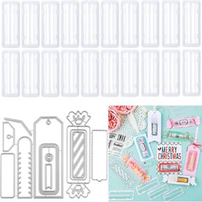 Candy and Tags Dies for Card Making Coordinate with 22 Pieces Pouches Plastic Clear Rectangle Domes,Metal Die Cuts and Self-Adhesive Lip Balm Pouches Money Holder for DIY Craft Gift Cards (Small)