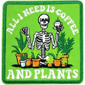 All I Need is Coffee and Plants Patch 3 Inches Funny Skeleton Plant Mama Humor Mental Health Iron On/Sew On Embroidery Fabric Applique Patches for Trucker Hats Clothes Backpack DIY Accessories