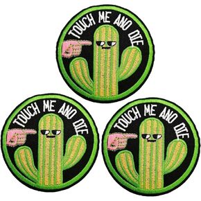 3Pcs Warning Embroidery Patch, Touch Me and Die Funny Cactus Iron On Embroidered Patch for Clothes Jacket Hats Bags Backpacks