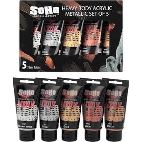 SoHo Urban Artist Heavy Body Acrylic Paint - Set of 5-75mL - Metallic - Thick, Rich Color, Excellent Coverage, Professional Quality - Artists Acrylic Paint