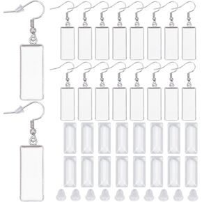 1 Box 20Pcs Earring Bezel Blanks Stainless Steel Earring Wire Hooks 10x25mm Rectangle Bezel Pendant Trays with Glass cabochons Silicone Earring Backs for Jewelry Making DIY Dangle Earrings