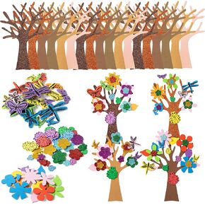 JAPBOR 86PCS Spring Tree Foam Craft Sticker, Springtime Glitter Flower Leaf Butterfly Self Adhesive Stickers, Make Your Own Spring Trees Party Decoration for Kids Art Fun Home Classroom Activities