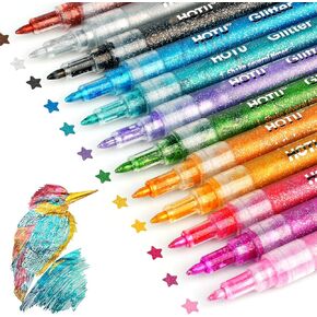 Glitter Markers Pen，12 Glitter Colors Paint Pens Sparkly Metallic Shimmer Acrylic Marker Fine Point Tip 0.7mm Water-based Ink for Kids Adults DIY Crafts Greeting Birthday Cards